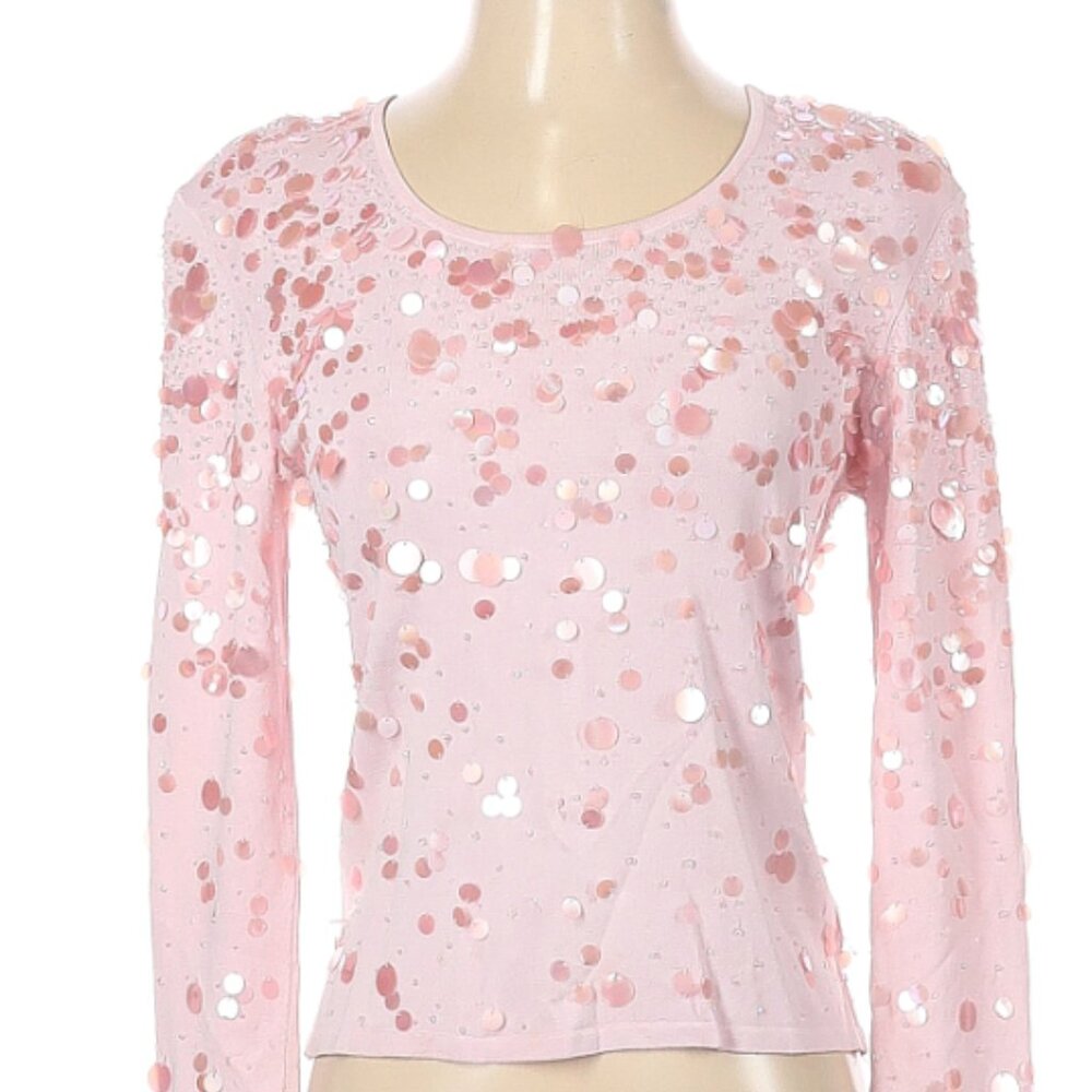 W By Worth Long Sleeve Pink Top with Beading and Paillettes- Size Small